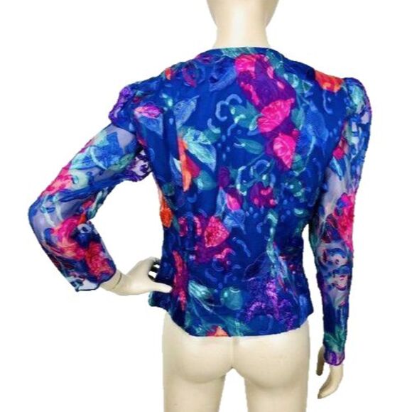 VTG 90s Patra Colorful Chiffon Puff Sleeve Floral Popcorn Buttoned Blouse Jacket - Picture 4 of 10